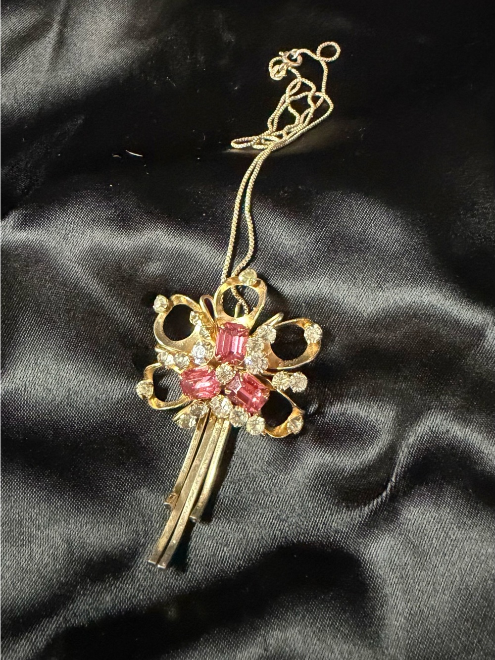 Vintage Scitarelli Ruby Rhinestone Flower Brooch and Pendant
